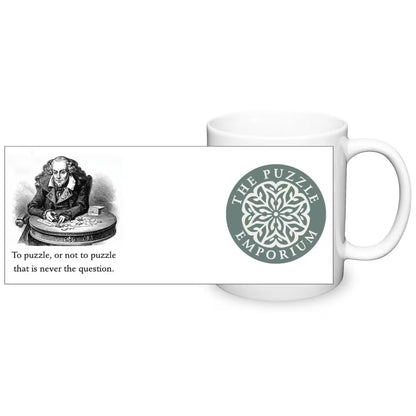 "to puzzle or not to puzzle that is never a question" quote text and logo on white ceramic mug