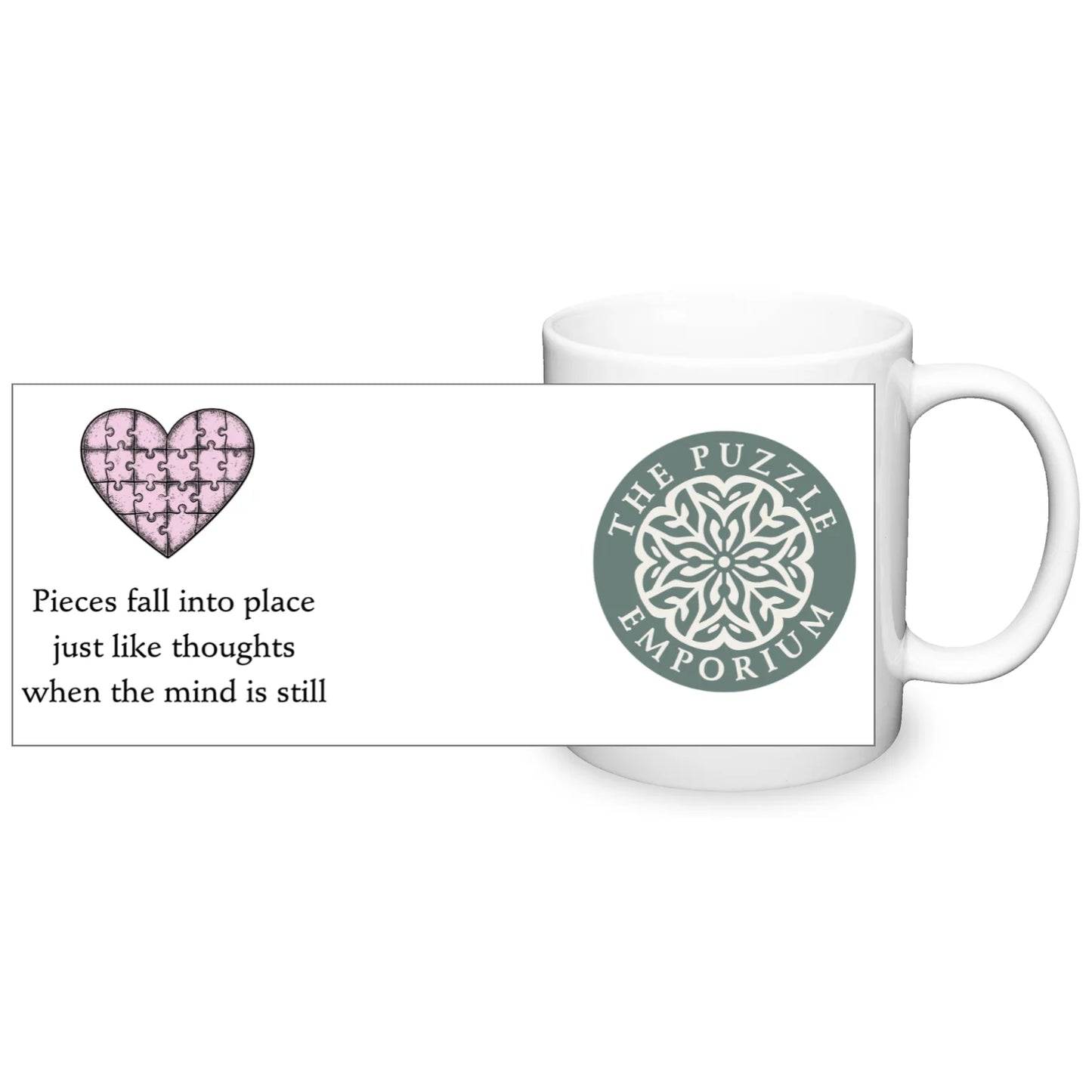 White mug with a heart design and text on a white background