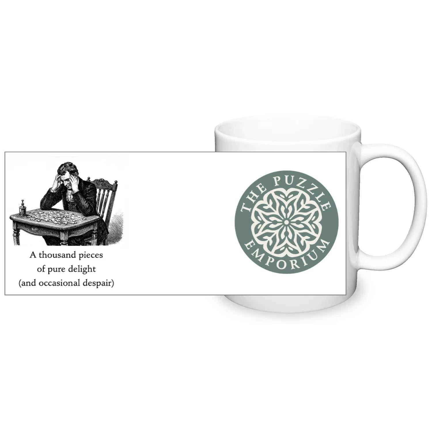 "a thousand pieces of pure delight (and occasional dispair)" text and logo on white ceramic mug