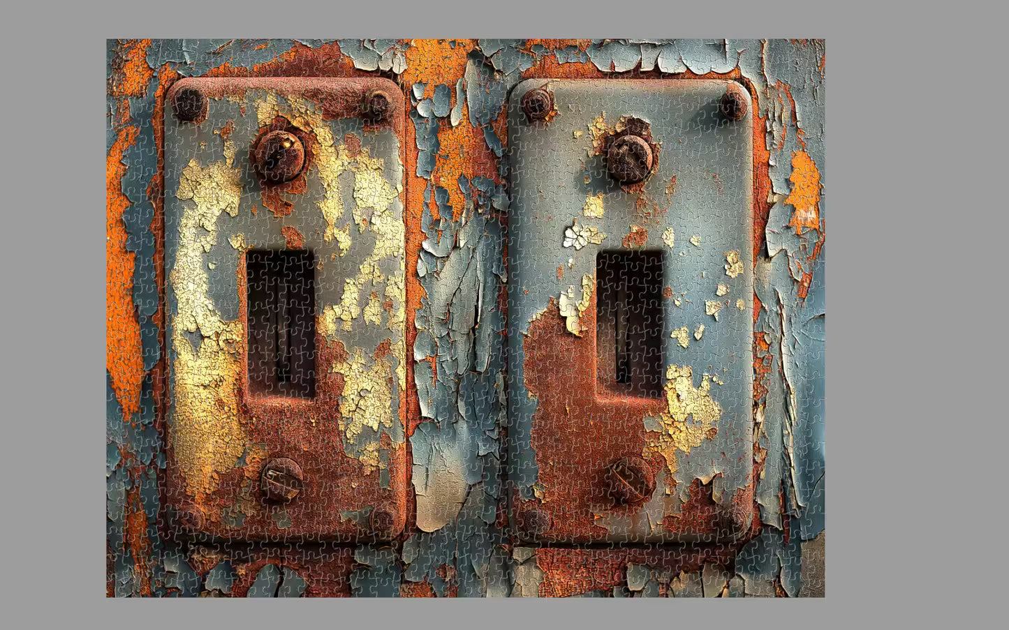 Two rusted metal switches with peeling paint on a gray background