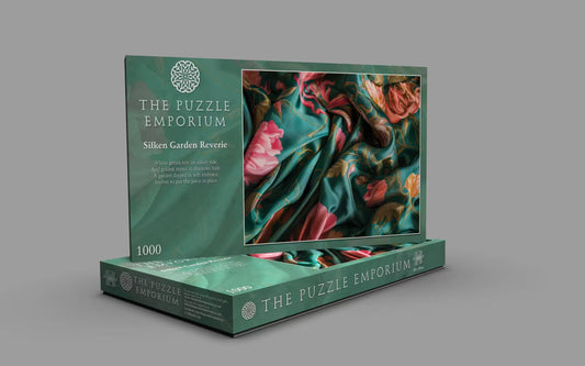 The Puzzle Emporium packaging with a colorful fabric design on a gray background