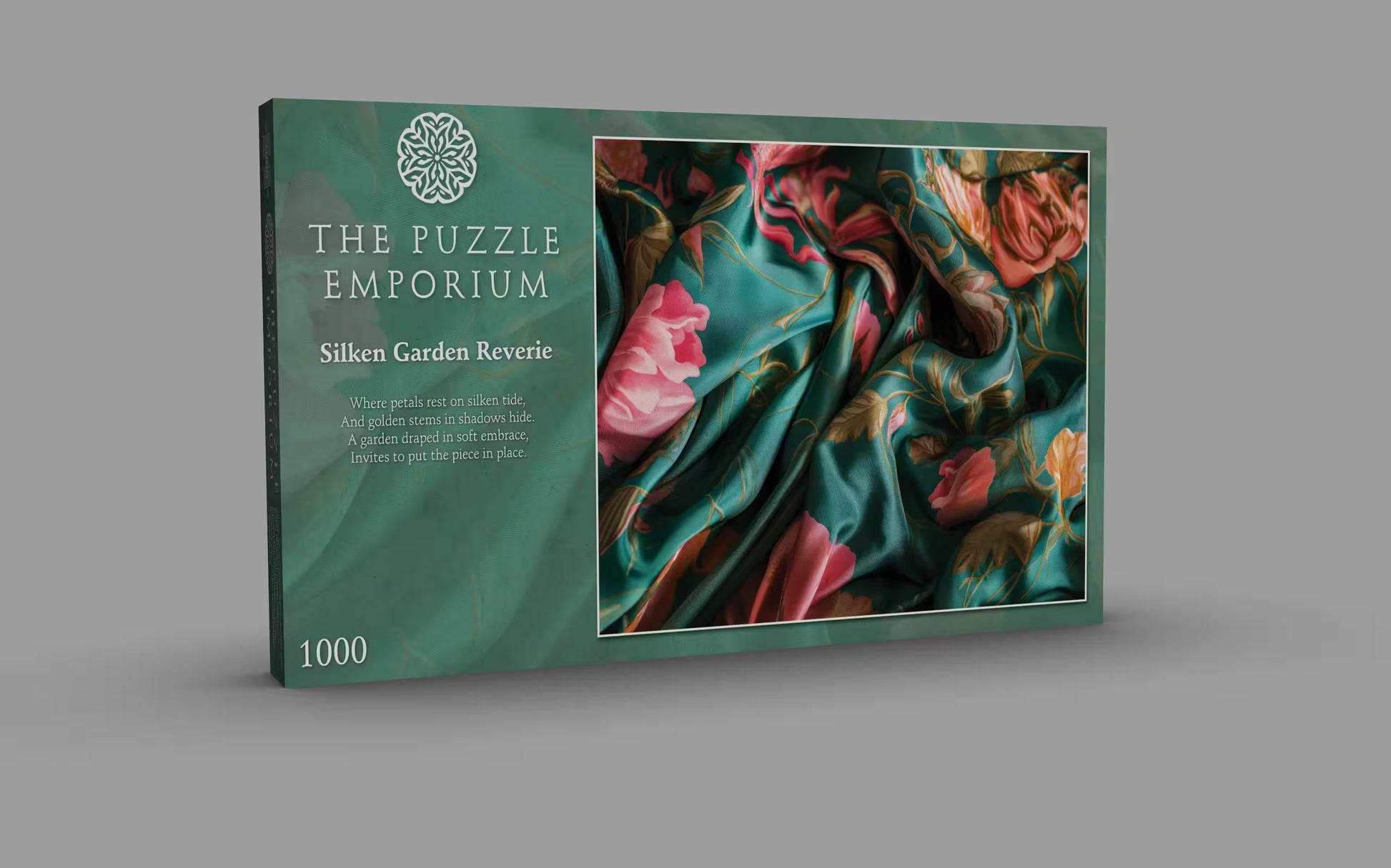 Puzzle box titled 'Silken Garden Reverie' from The Puzzle Emporium on a gray background