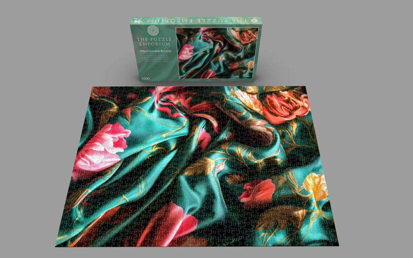 crimson Floral on green silk fabric puzzle with packaging on a gray background