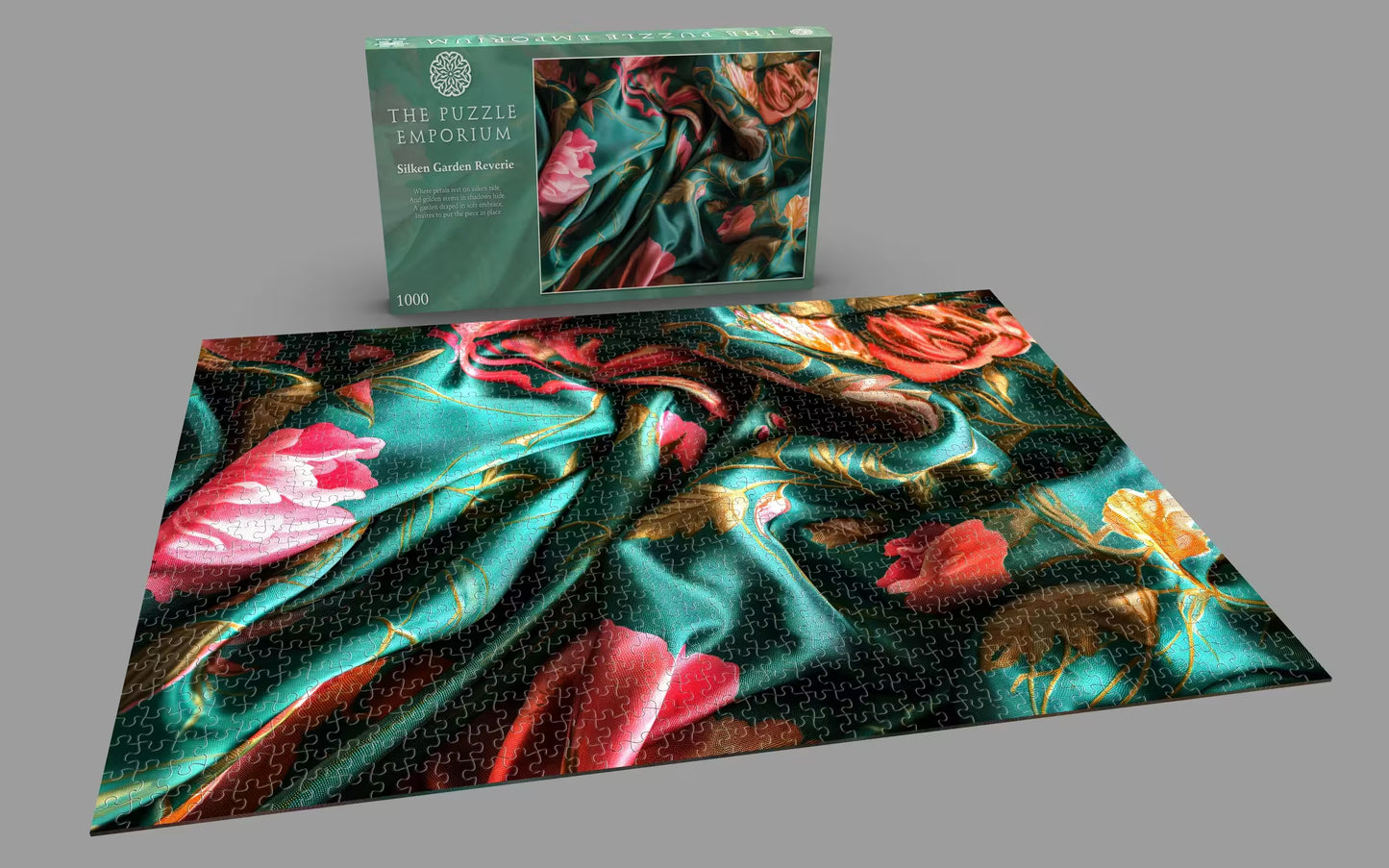 Floral puzzle with a box labeled 'The Puzzle Emporium' on a gray background