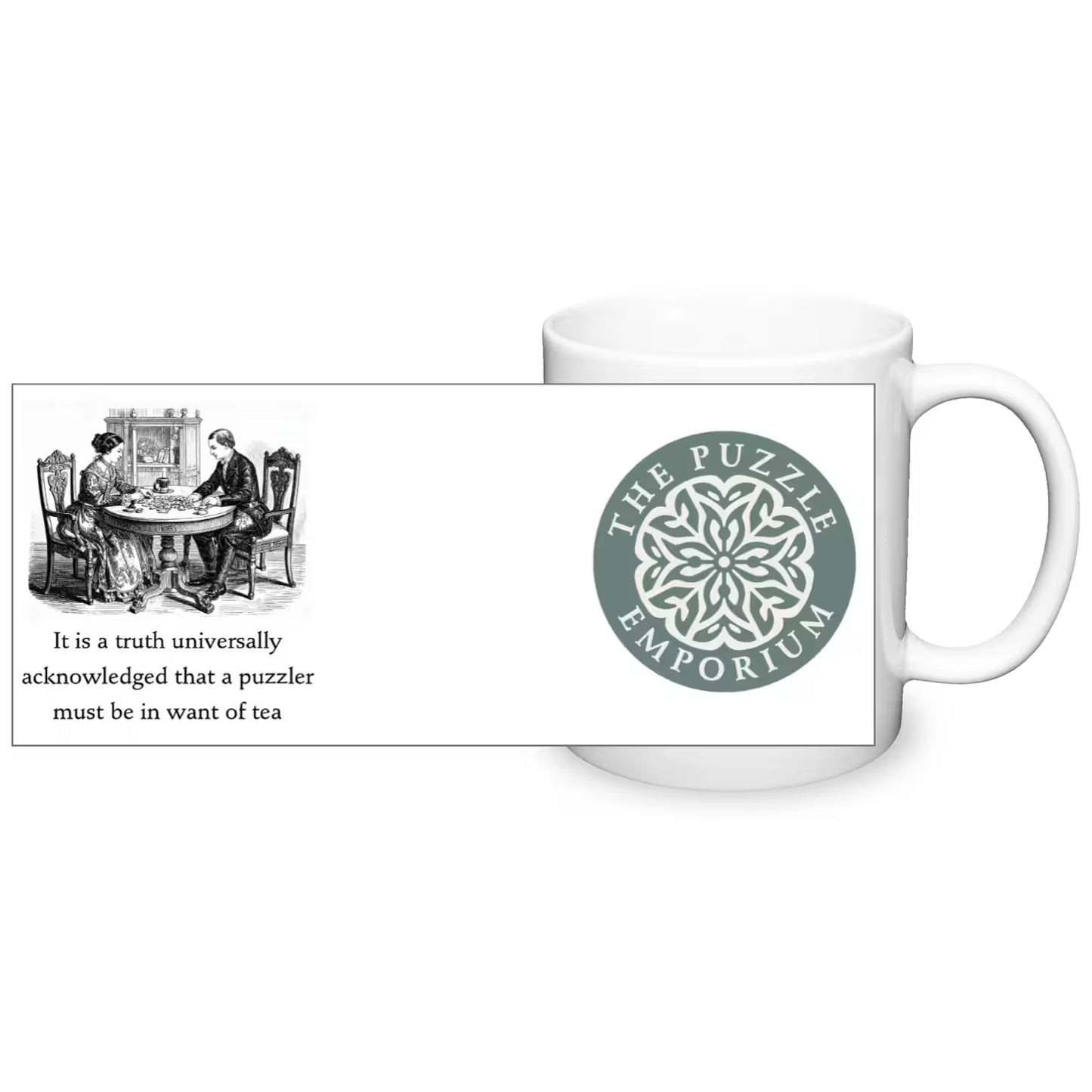 "it is truth universally acknowledged that the puzzler must be in a want of tea" text and logo on white ceramic mug