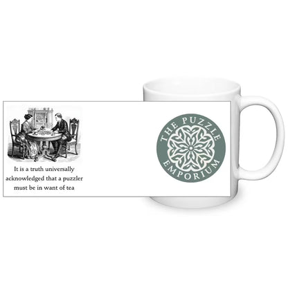 "it is truth universally acknowledged that the puzzler must be in a want of tea" text and logo on white ceramic mug