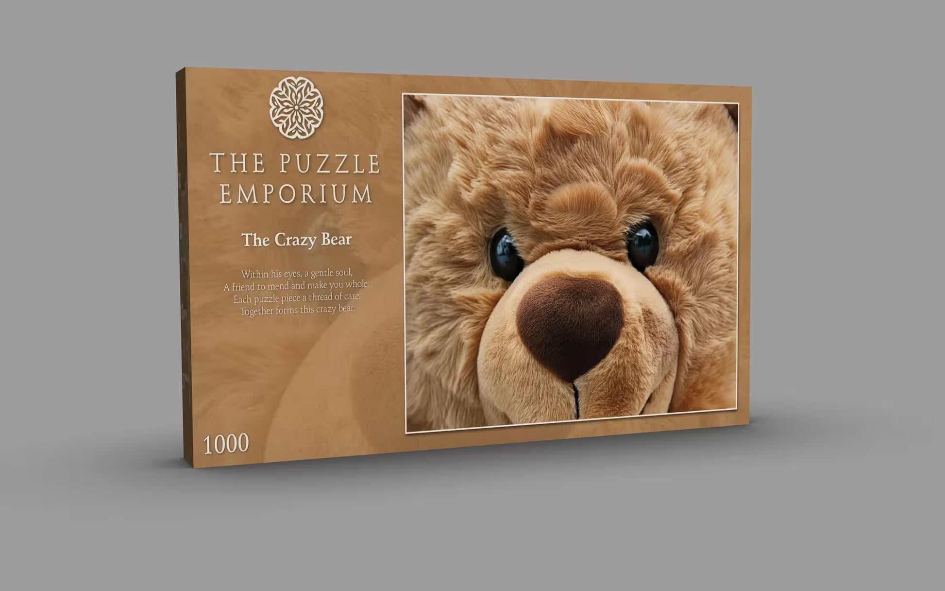 Wooden puzzle box with bear design and 'The Puzzle Emporium' branding on a gray background