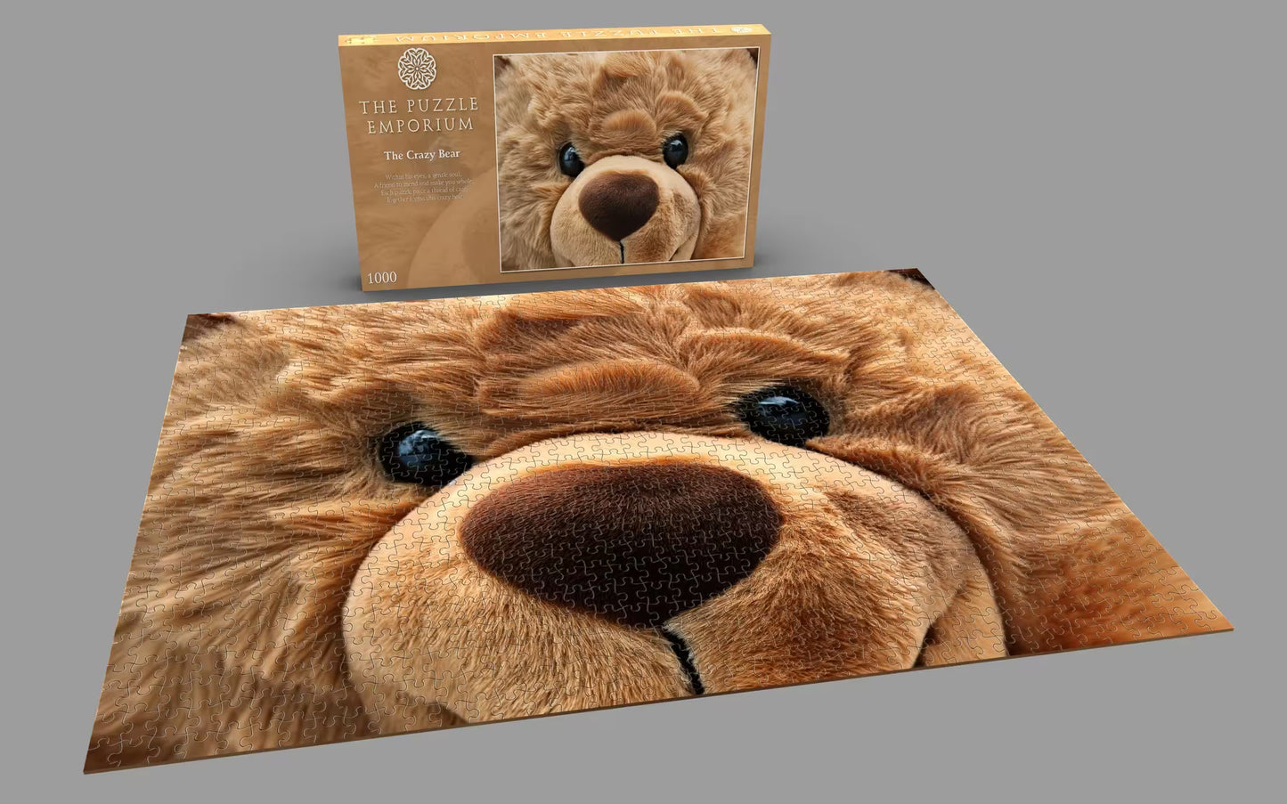 Close-up of a teddy bear puzzle with packaging in the background