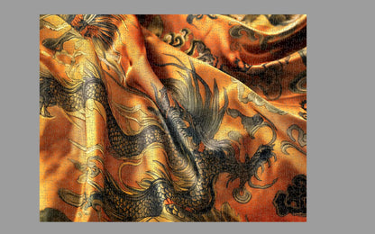 Decorative fabric with intricate dragon design on a textured background