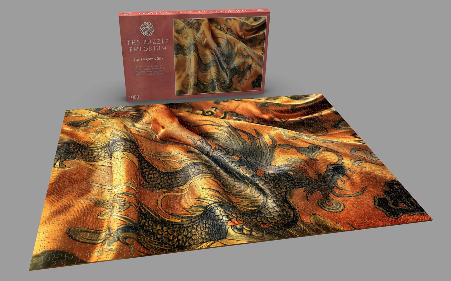 Puzzle with dragon design and packaging on a gray background