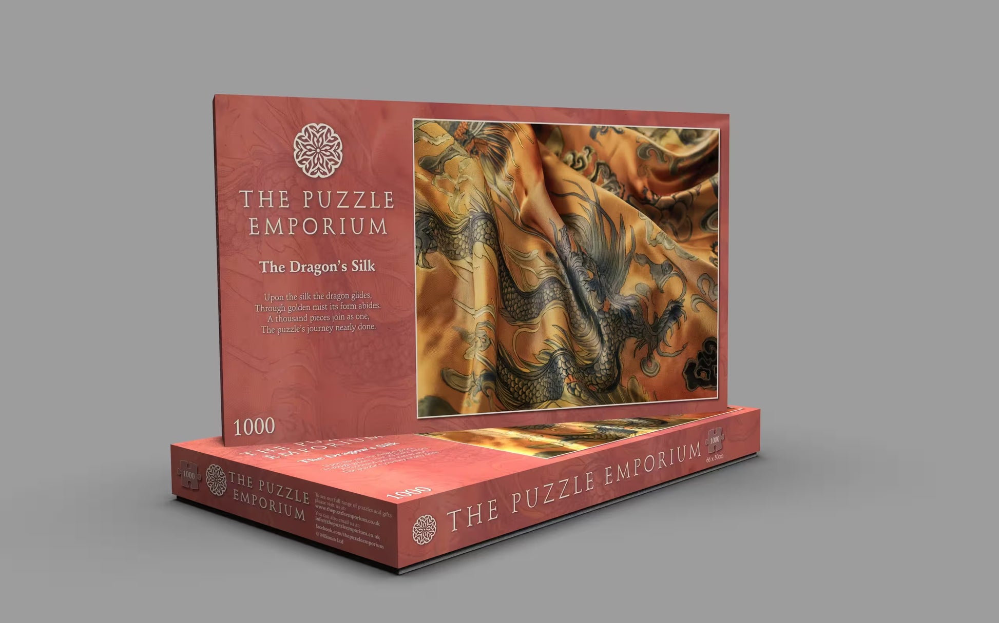 Jigsaw puzzle box from The Puzzle Emporium with dragon design on gray background