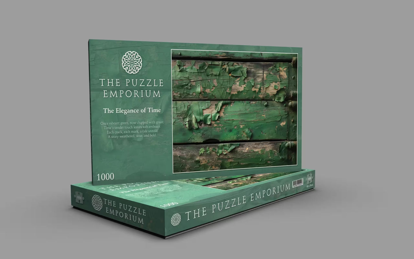 Green puzzle box from The Puzzle Emporium on a gray background