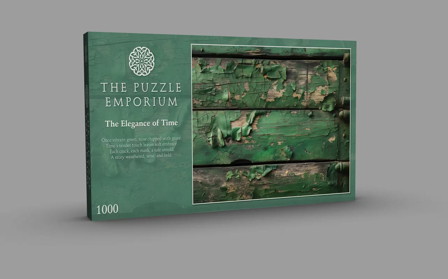 Green puzzle box from The Puzzle Emporium on a gray background