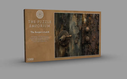 Product packaging for 'The Keeper's Latch' from The Puzzle Emporium on a gray background