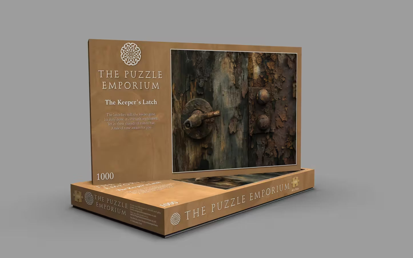 Jigsaw puzzle box titled 'The Keeper's Latch' by The Puzzle Emporium on a gray background
