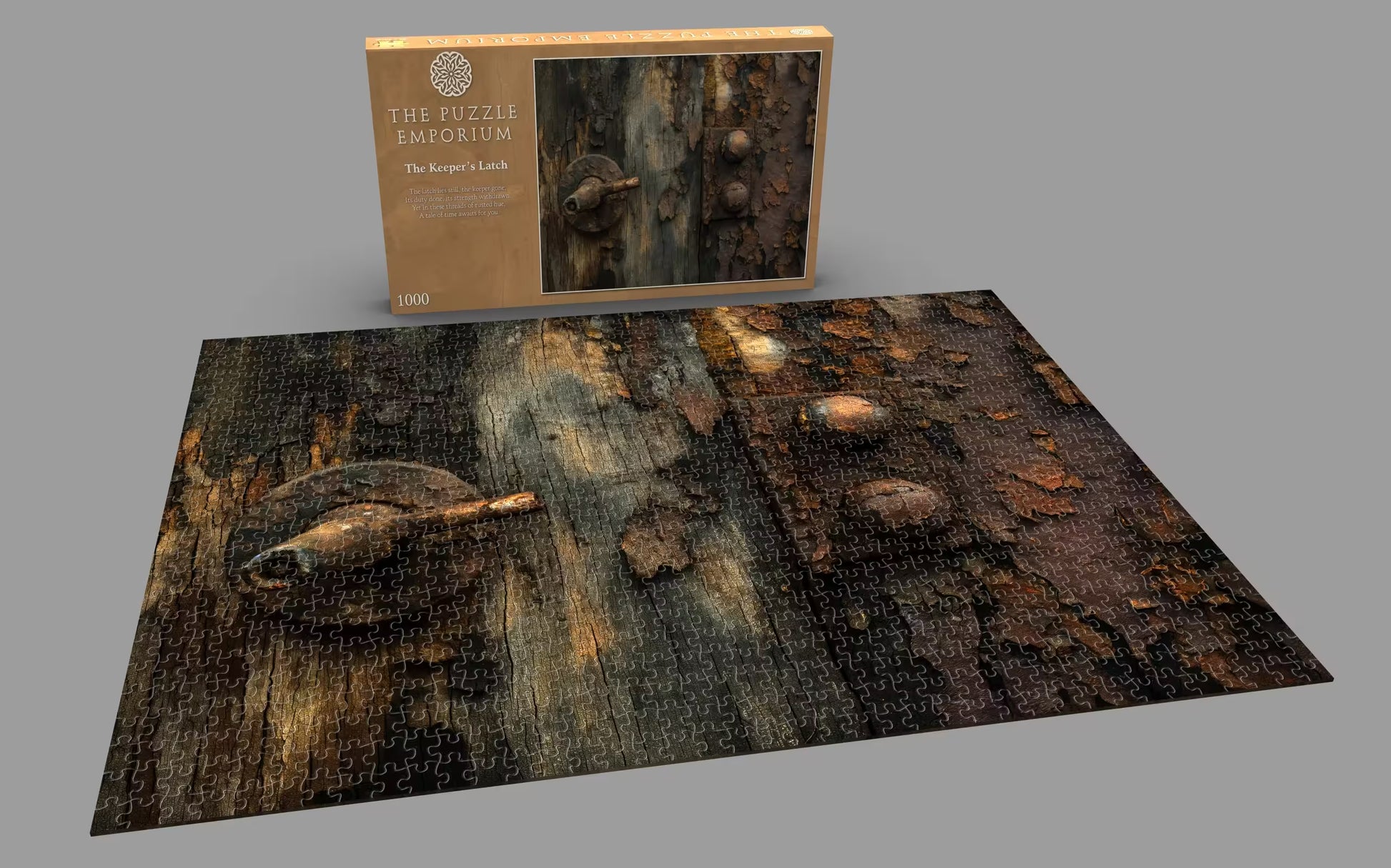 Jigsaw puzzle with rustic design and packaging on a gray background