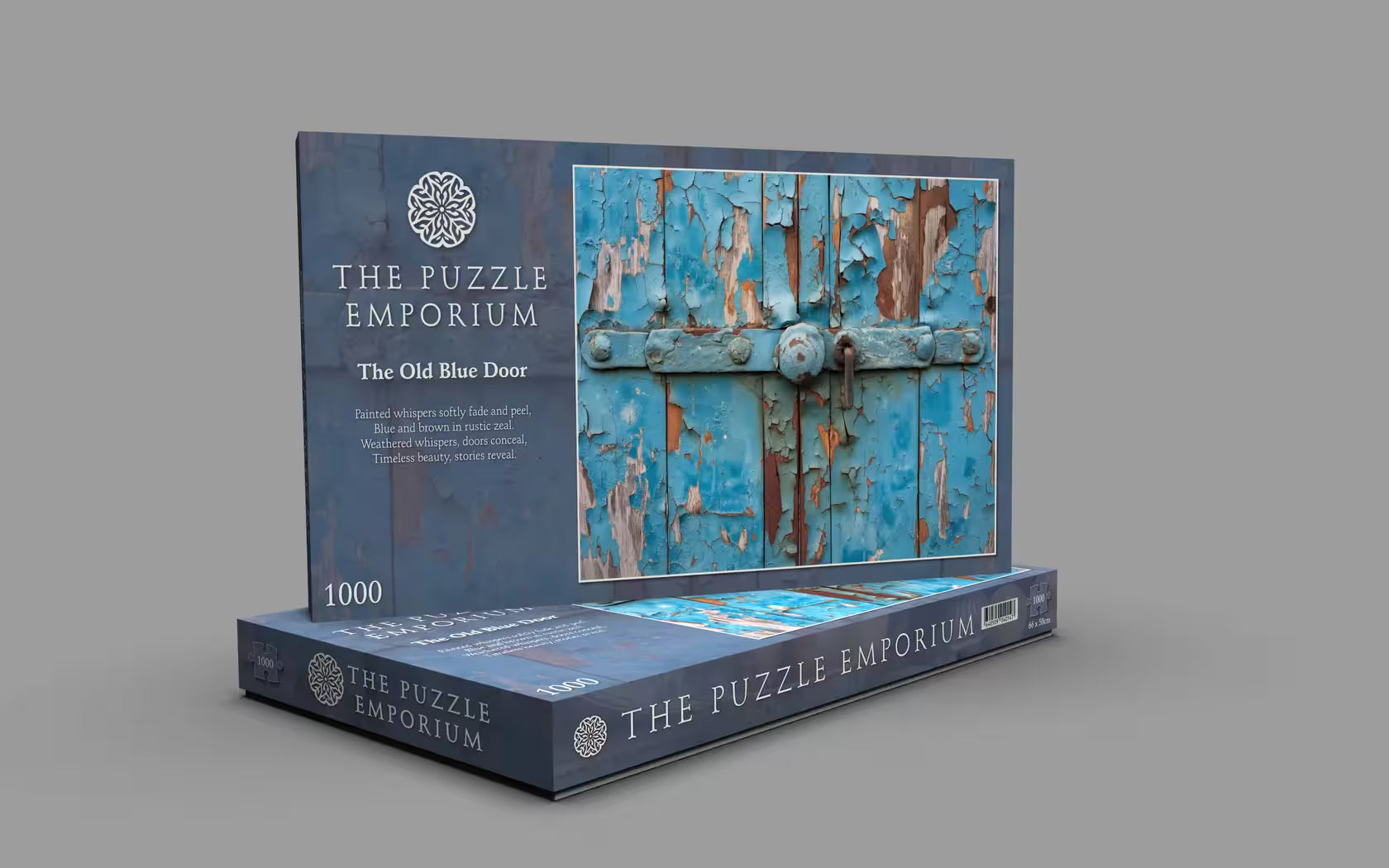 Box of 'The Old Blue Door' puzzle from The Puzzle Emporium on a gray background