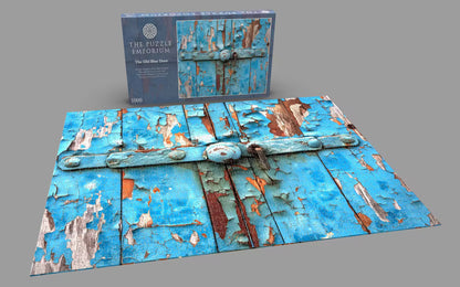 Blue puzzle with a rustic design on a gray background