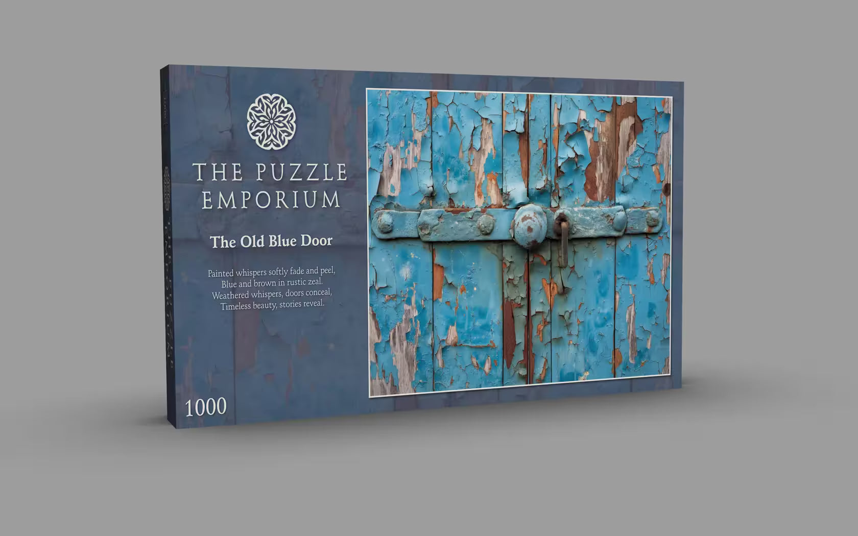 Packaging of 'The Puzzle Emporium' titled 'The Old Blue Door' on a gray background
