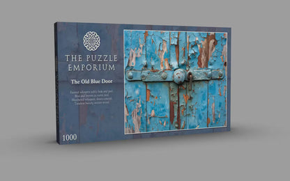 Packaging of 'The Puzzle Emporium' titled 'The Old Blue Door' on a gray background
