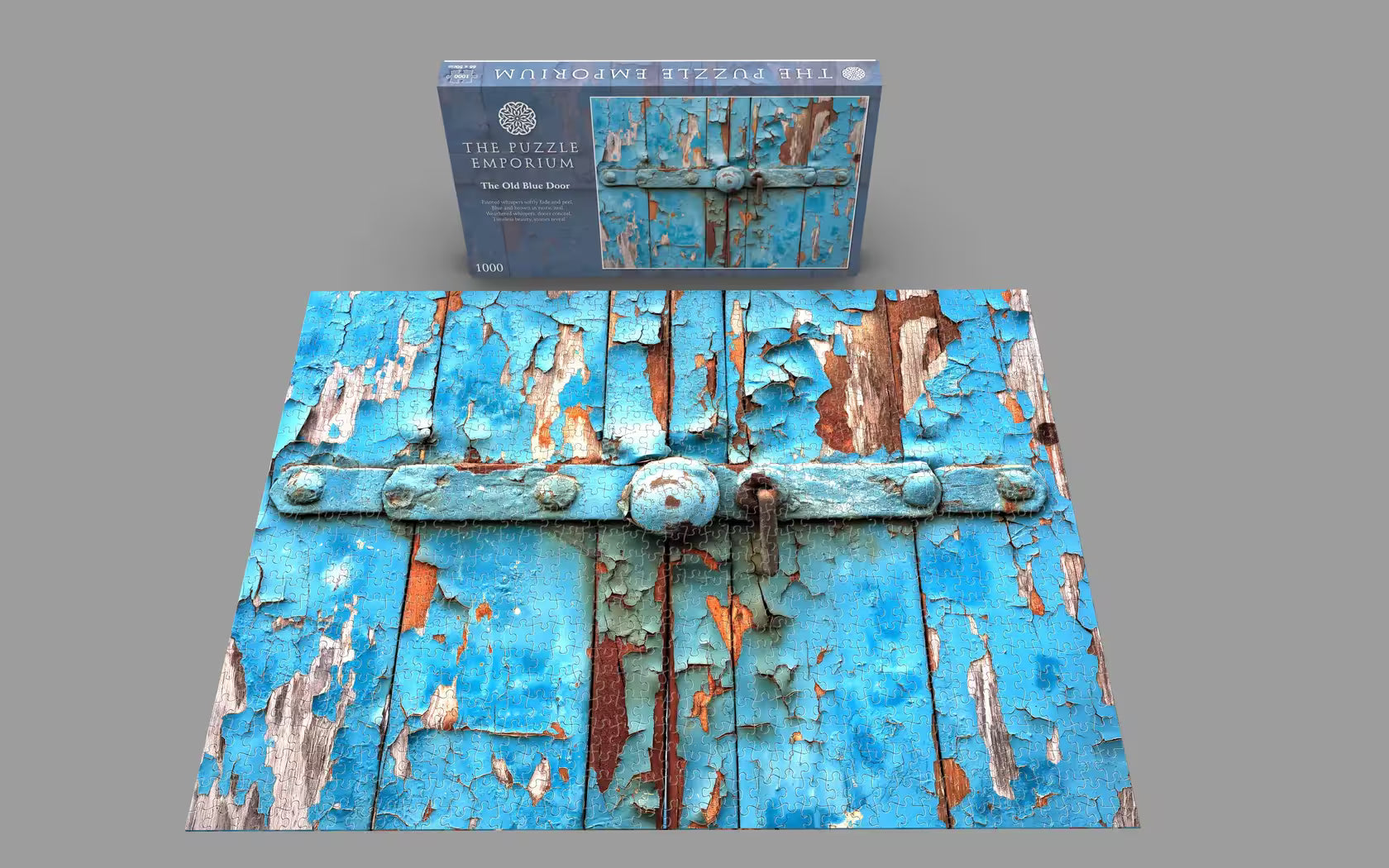 Blue puzzle with peeling paint effect and packaging in the background