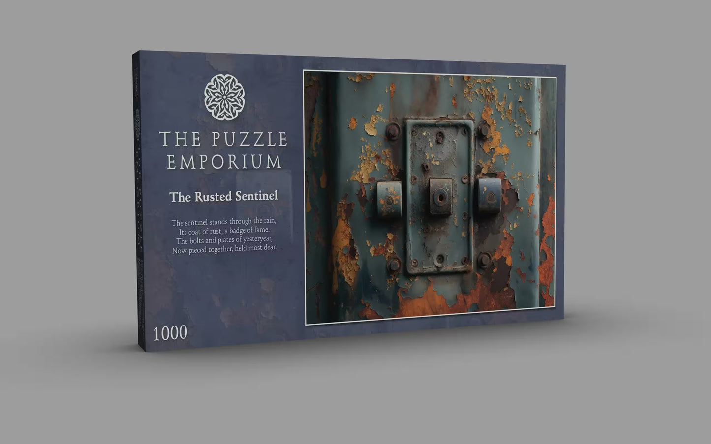 Product packaging for 'The Puzzle Emporium' titled 'The Rusted Sentinel' on a gray background