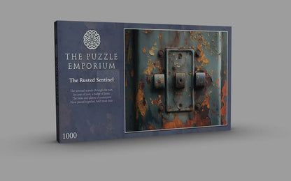 Product packaging for 'The Puzzle Emporium' titled 'The Rusted Sentinel' on a gray background