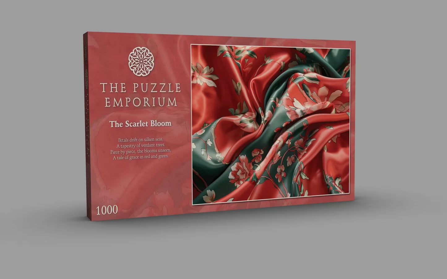 The Puzzle Emporium 'The Scarlet Bloom' packaging on a gray background