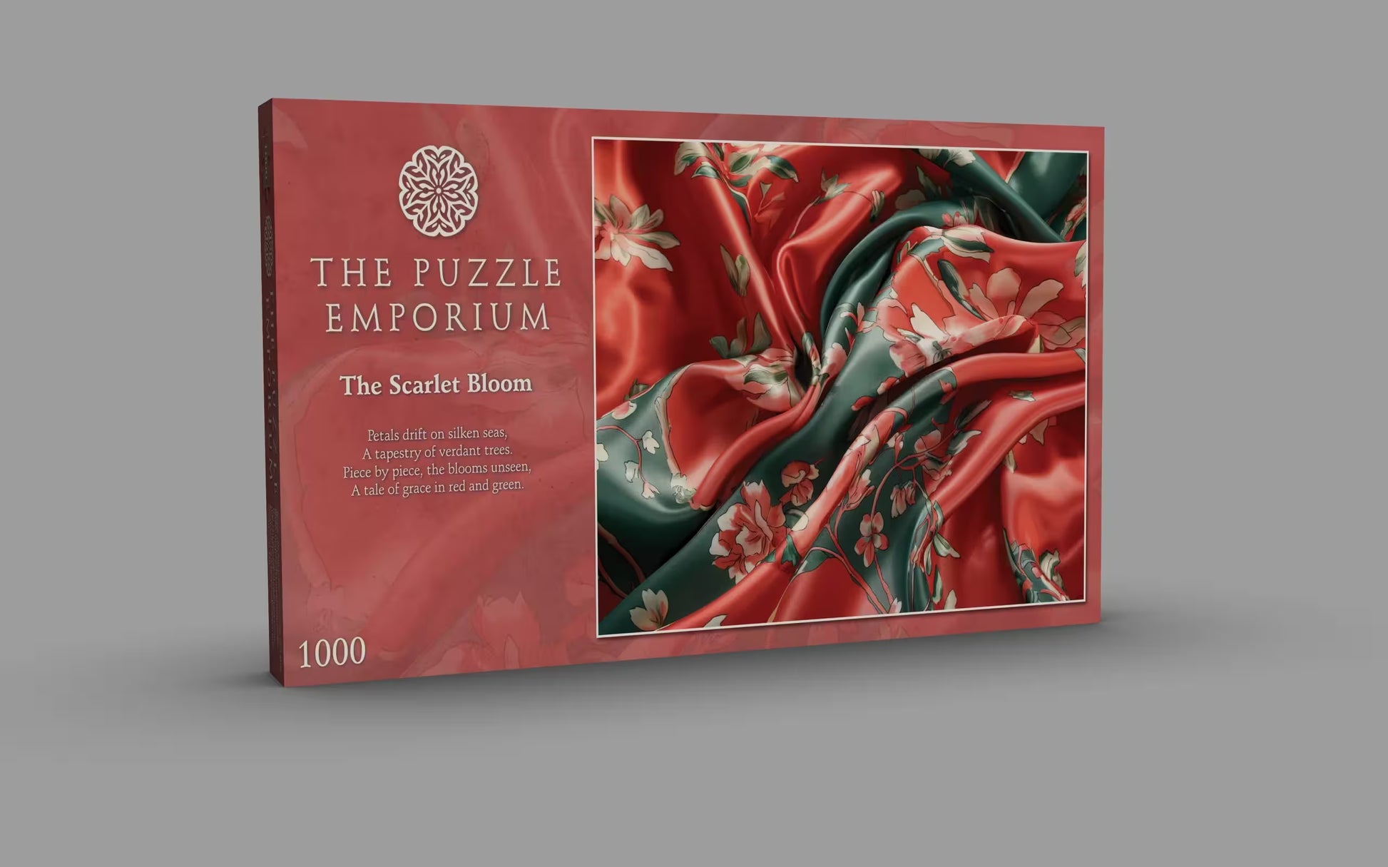 The Puzzle Emporium 'The Scarlet Bloom' packaging on a gray background