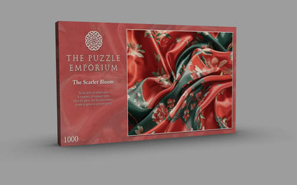 The Puzzle Emporium 'The Scarlet Bloom' packaging on a gray background