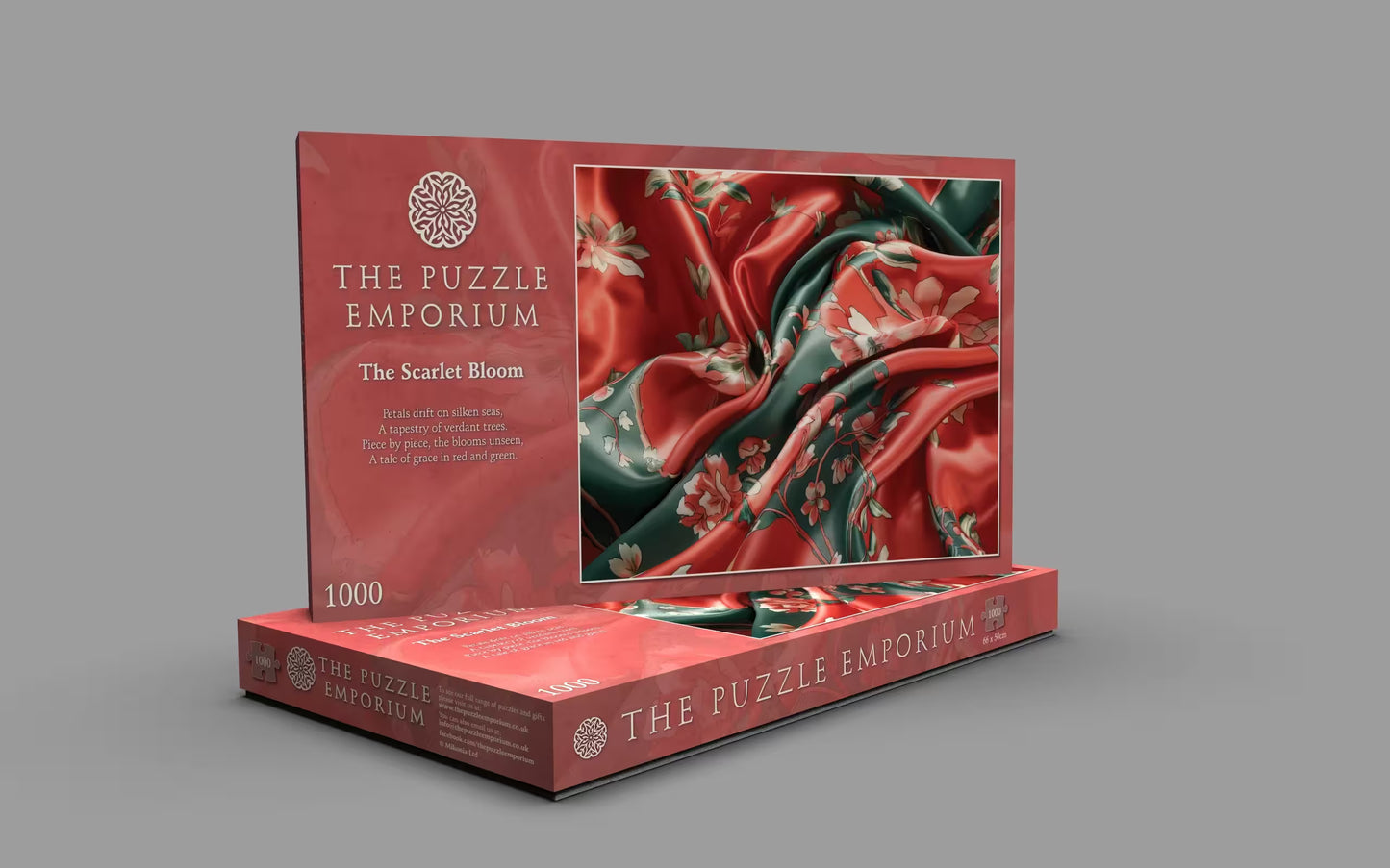 Jigsaw puzzle box from The Puzzle Emporium with floral design on a gray background