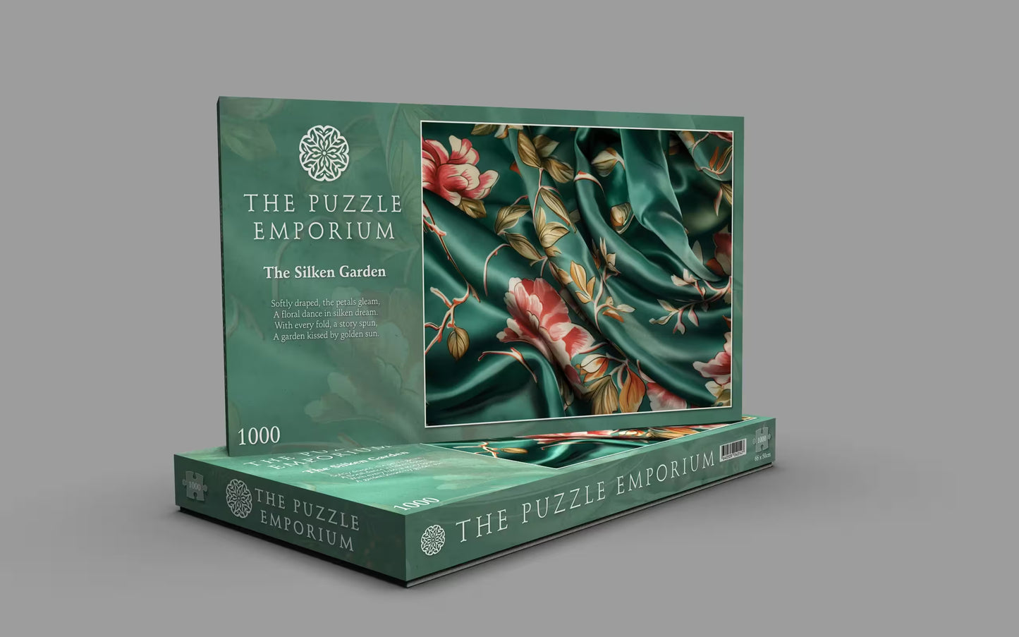 Jigsaw puzzle box from The Puzzle Emporium with floral design on a gray background