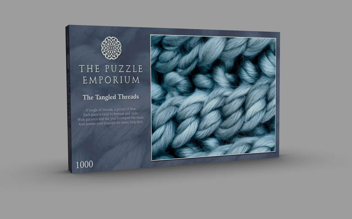 Product packaging for 'The Tangled Threads' from 'The Puzzle Emporium' on a gray background