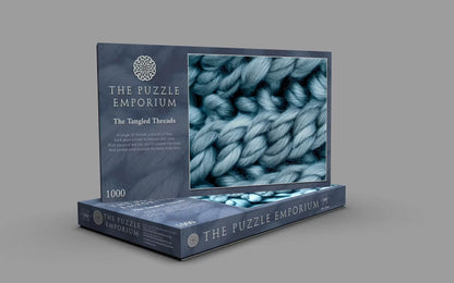 Puzzle box from The Puzzle Emporium with yarn texture on a gray background