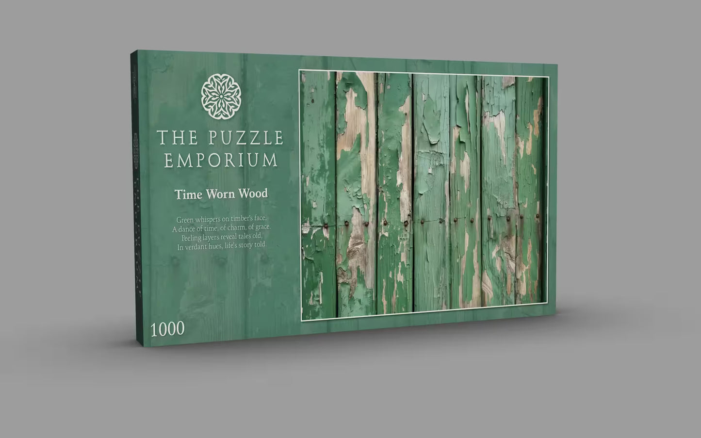 Green puzzle box titled 'The Puzzle Emporium' with a wooden design on a gray background