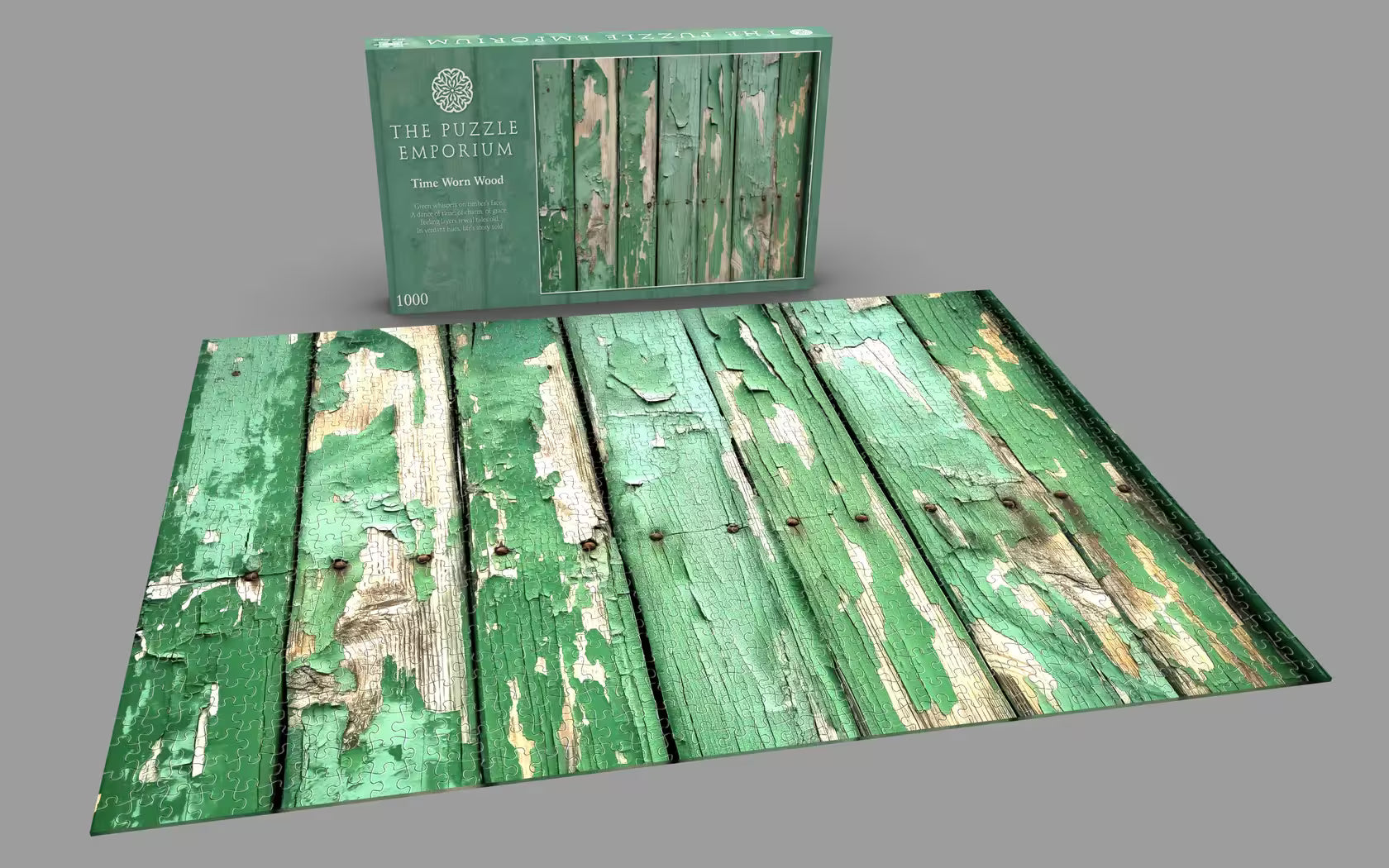 Green wooden puzzle with packaging on a gray background