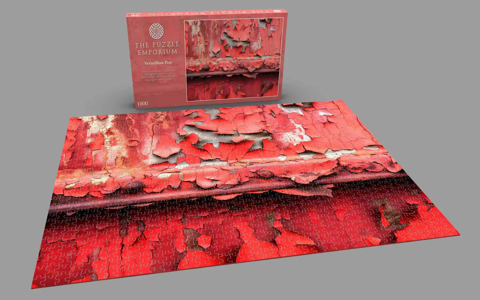 Red puzzle with incomplete pieces and packaging on a gray background