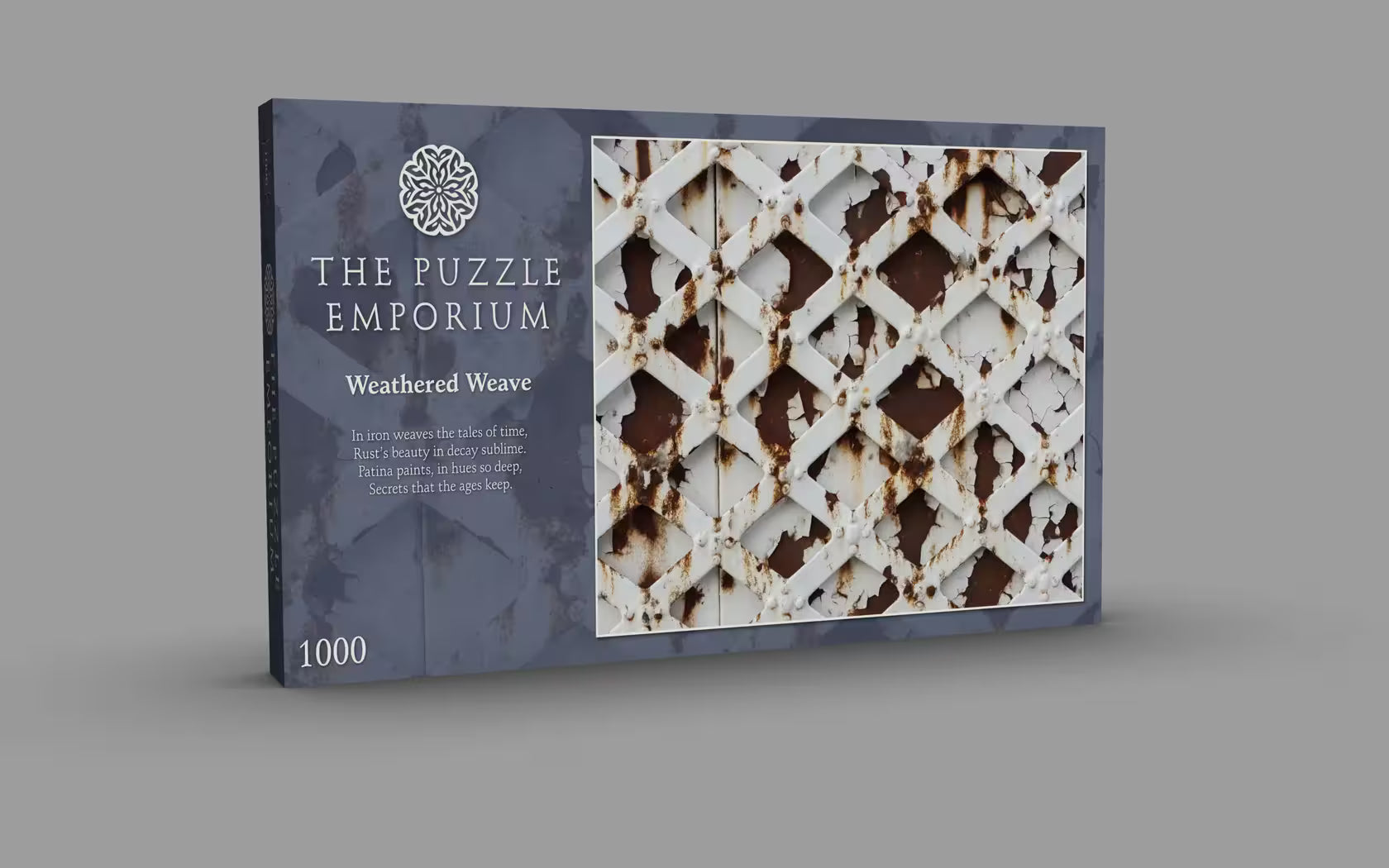 Product packaging for 'The Puzzle Emporium' with a textured design on a gray background