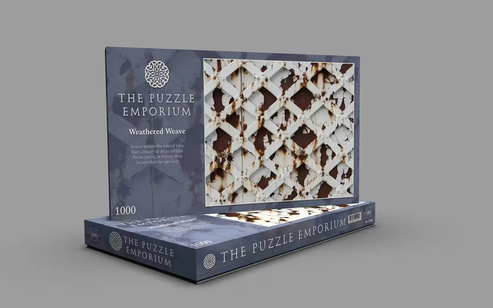 The Puzzle Emporium 'Weathered Weave' puzzle packaging on a gray background