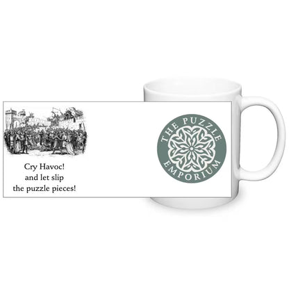 full detail of the "cry havoc and let slip the puzzle picese" tranquility mug