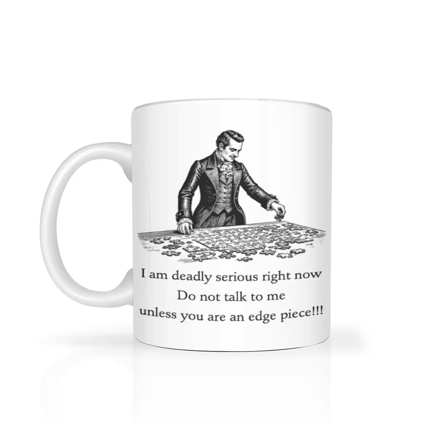 Mug with a humorous puzzle-themed design and text on a white background