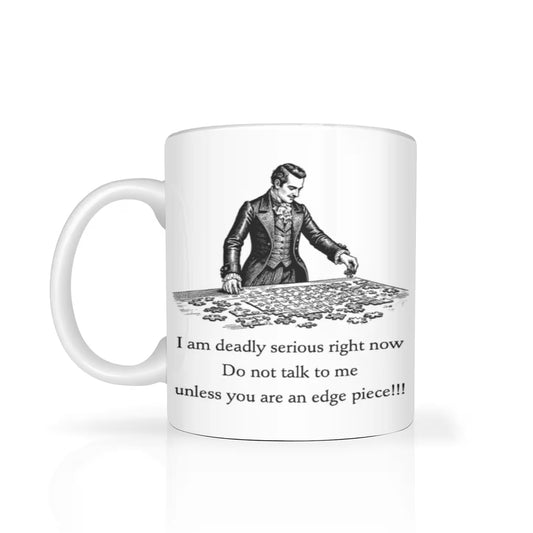 Mug with a humorous puzzle-themed design and text on a white background