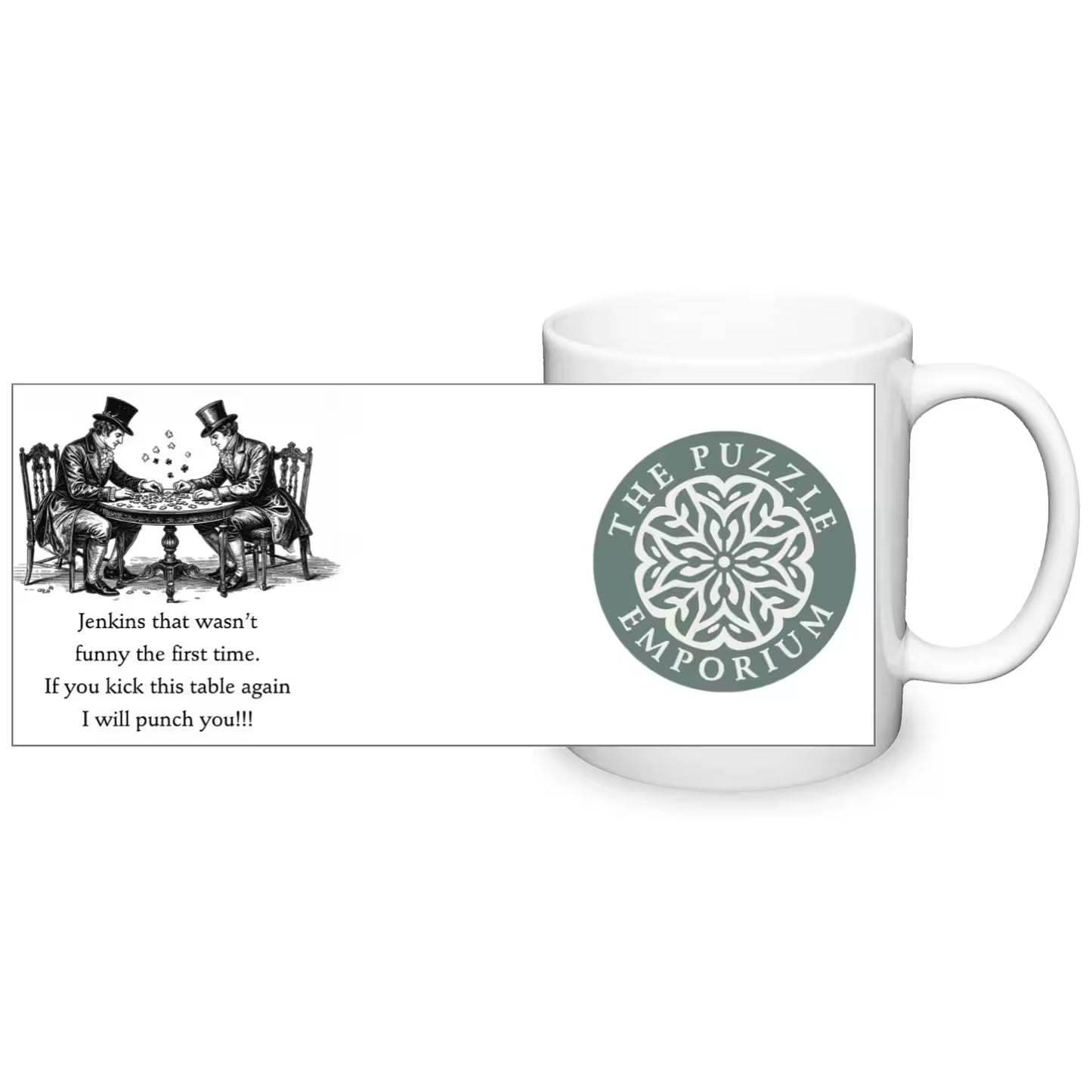 White mug with a humorous design and 'The Puzzle Emporium' logo on a white background