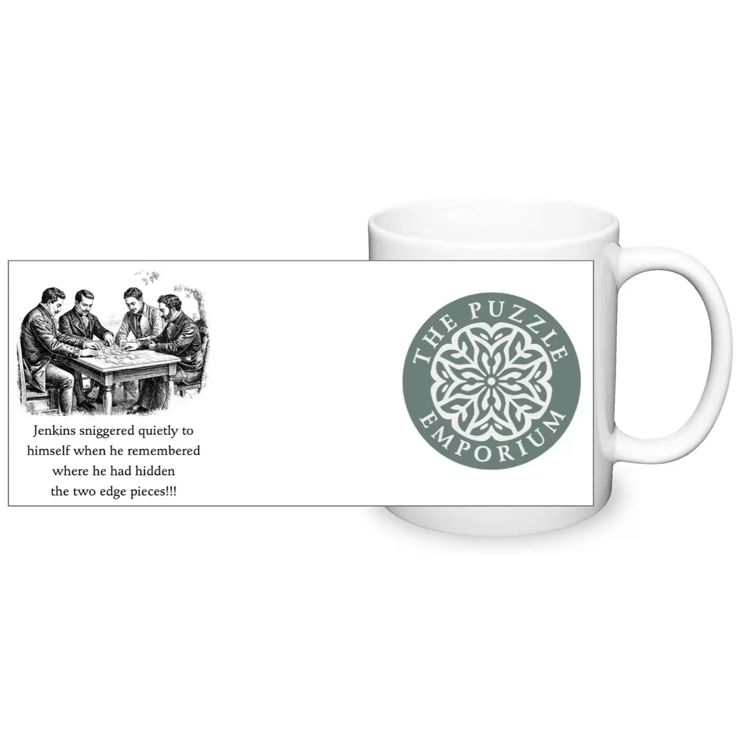 Mug with a graphic of people around a table and text, featuring the Puzzle Emporium logo.