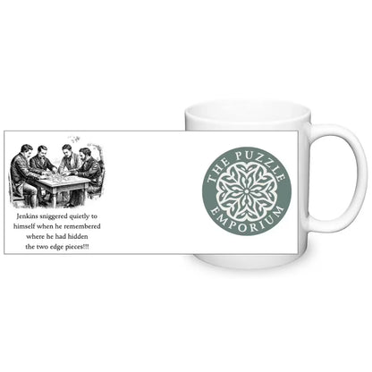 Mug with a graphic of people around a table and text, featuring the Puzzle Emporium logo.