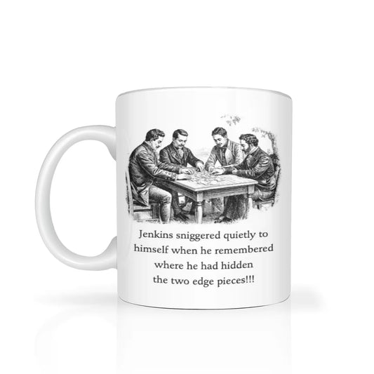 Mug with black and white illustration of men around a table and text on a white background