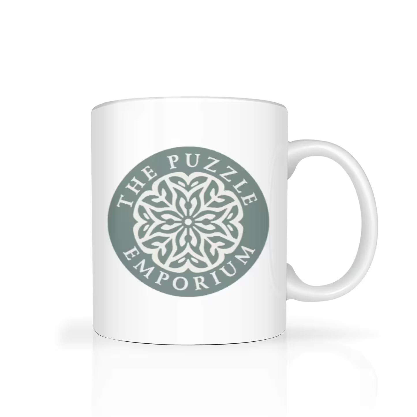 White mug with a green logo and text on a white background