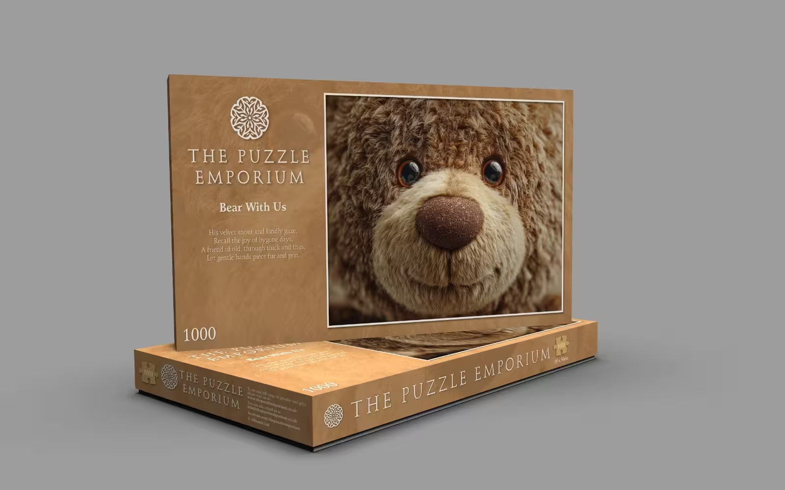 Puzzle box from The Puzzle Emporium featuring a bear with a gray background