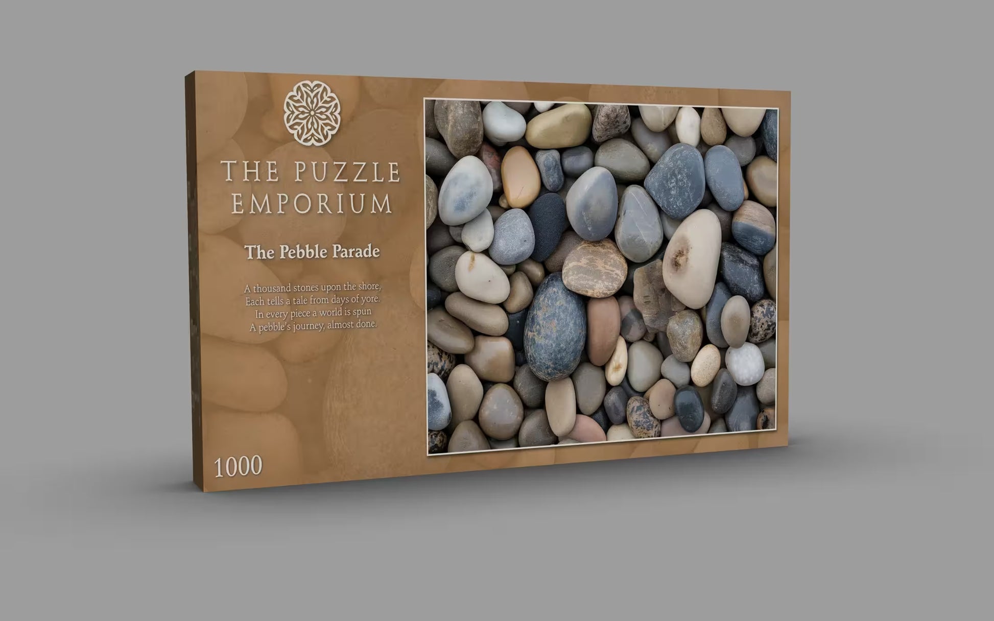 Puzzle box from The Puzzle Emporium with pebble design on a gray background