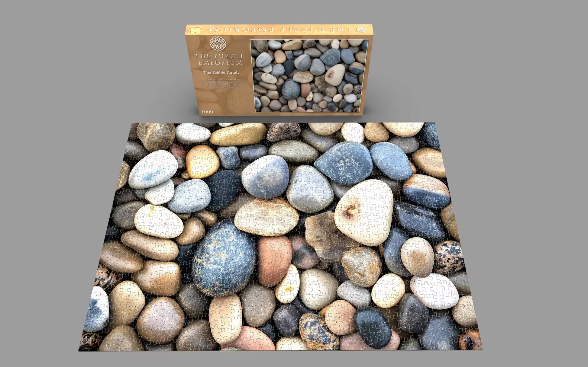 Bedding set with pebble pattern and matching box on a gray background